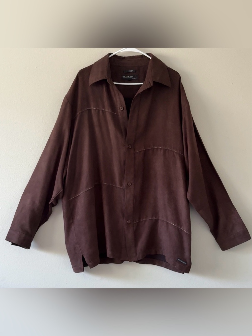 SYLLABLES Men's XL Brown Micro Suede Button Down Shirt Long Sleeve Stitch Detail